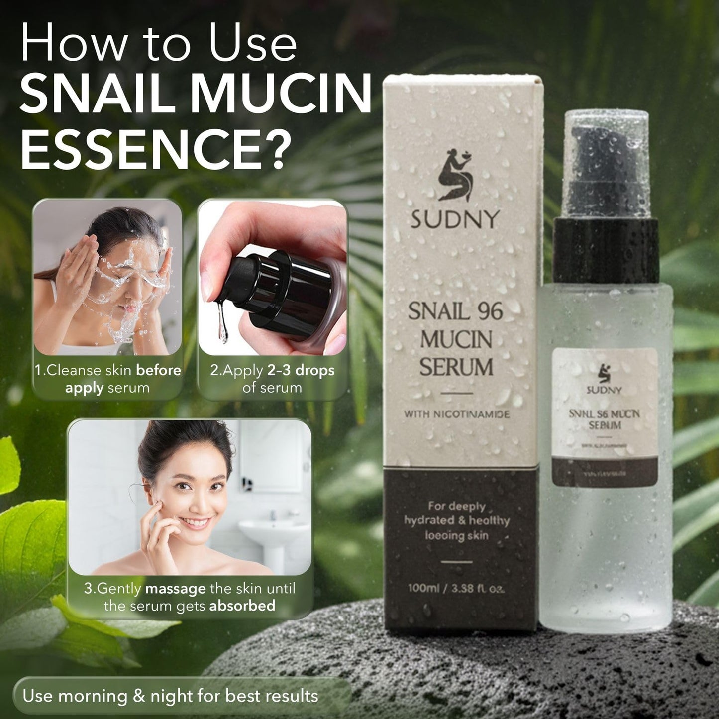 SUDNY Snail Mucin 96% Repairing Essence with Niacinamide, Aloe Vera & Glycerin - Snail Mucin Serum to Hydrate & Repair Dull Skin & Fine Lines- Gentle Skincare Serums with Snail Serum for Everyday Care