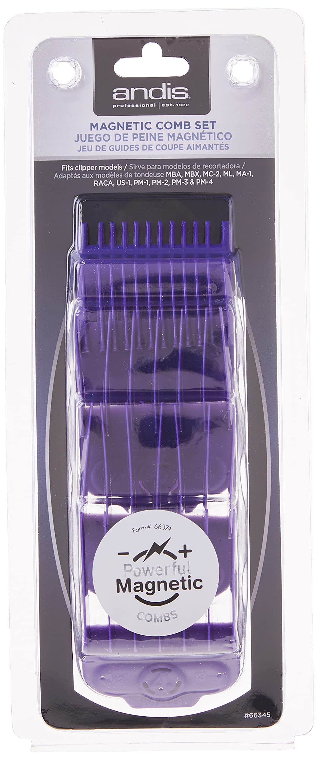 Andis 66345 Nano-Silver Magnetic Attachment 5 Combs with Long-Lasting Performance - Sizes 6", 8", 4", 3/8", 2", Provide Professional Haircuts and Styles – Purple