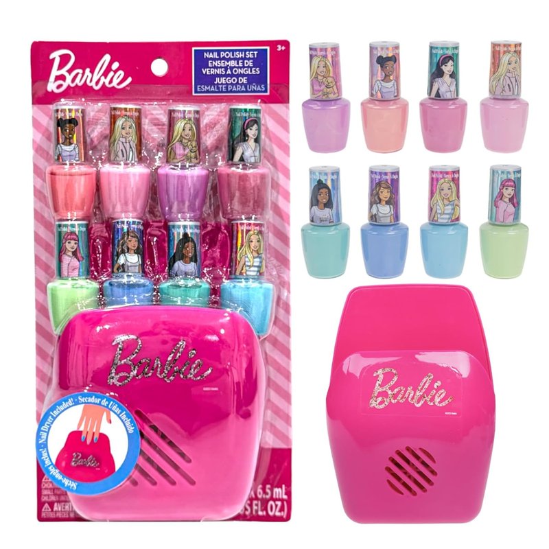 Barbie Non-Toxic Peel-Off Nail Polish Set for Kids - Safe Water-Based Formula | Includes Nail Dryer, Ages 3+