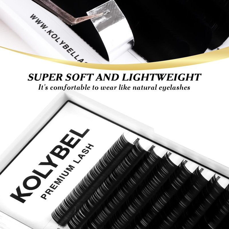 KOLYBEL Classic Lash Extensions | Premium Silk Eyelash Extensions 0.05 C/D/DD J/B/L Curl 13-20mm Mixed Trays