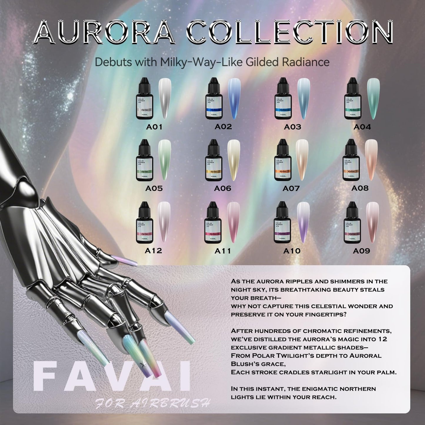 FAVAI Iridescent Metallic Airbrush Gel Nail Polish 12 Colors, HEMA Free & Dilution Free, Non-Acetone Shimmer Glitter Gel for French Ombre Salon DIY Nail Art