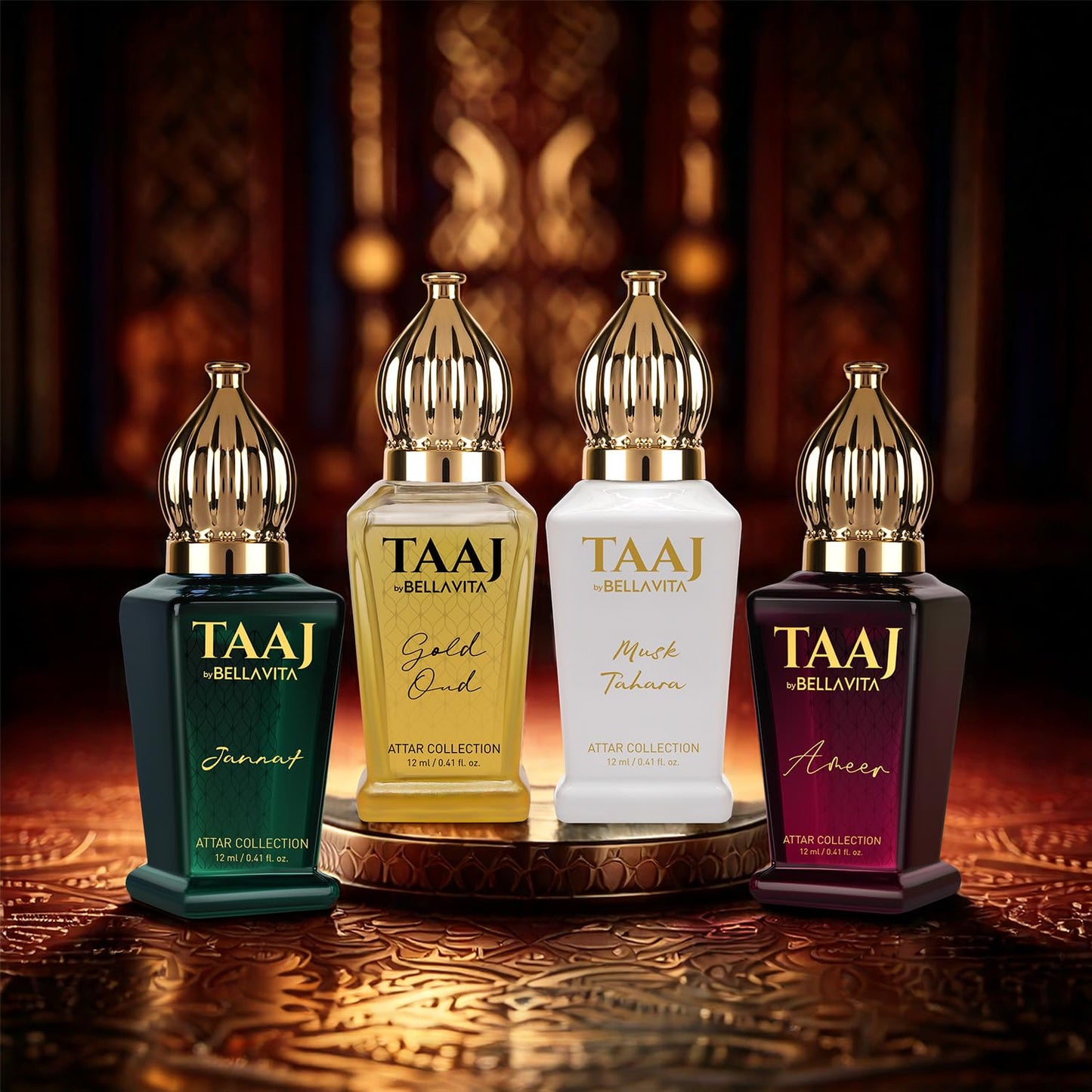 BELLAVITA Luxury Taaj Attar | Long Lasting Unisex Gift Set for Man and Woman 4x12ml | Caramel, Lemon, Cinnamon, and Musk | Non-Alcoholic Roll On | Oud, Floral, Musk | Attar for Men and Women