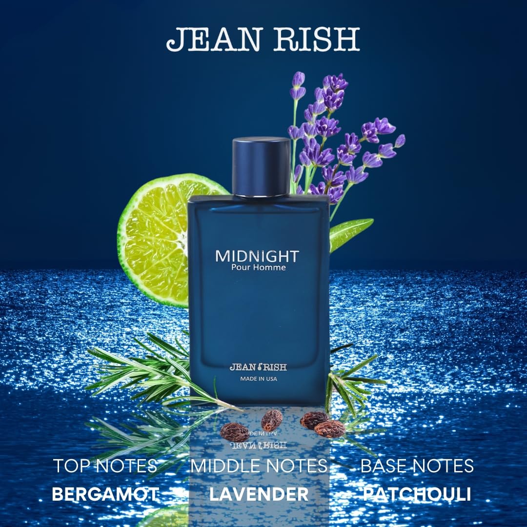 Jean Rish Midnight Pour Homme Perfume - Long-Lasting Men's Eau De Toilette | Bergamot, Lavender, Patchouli, Amber, Musk - 100ml / 3.4 oz