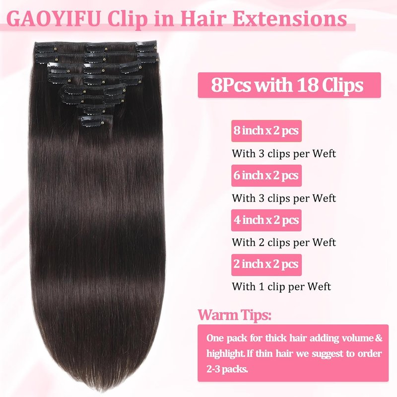 Real Human Hair Clip-In Extensions - Seamless Invisible 8Pcs Double Weft Dark Brown 14 Inch 80g