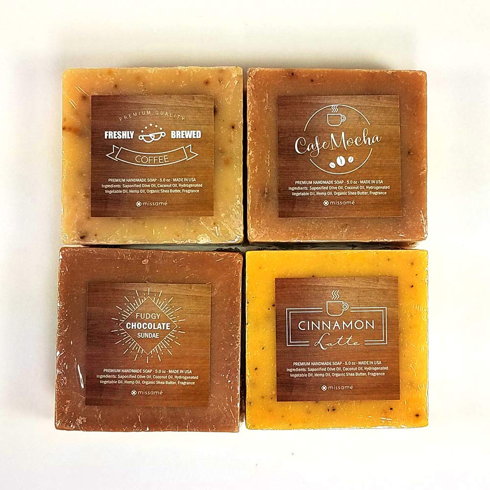 Handmade Bar Soap Gift Set - Coffee & Chocolate Scented | 4 Full-Sized 5.0 oz Bars with Organic Shea Butter