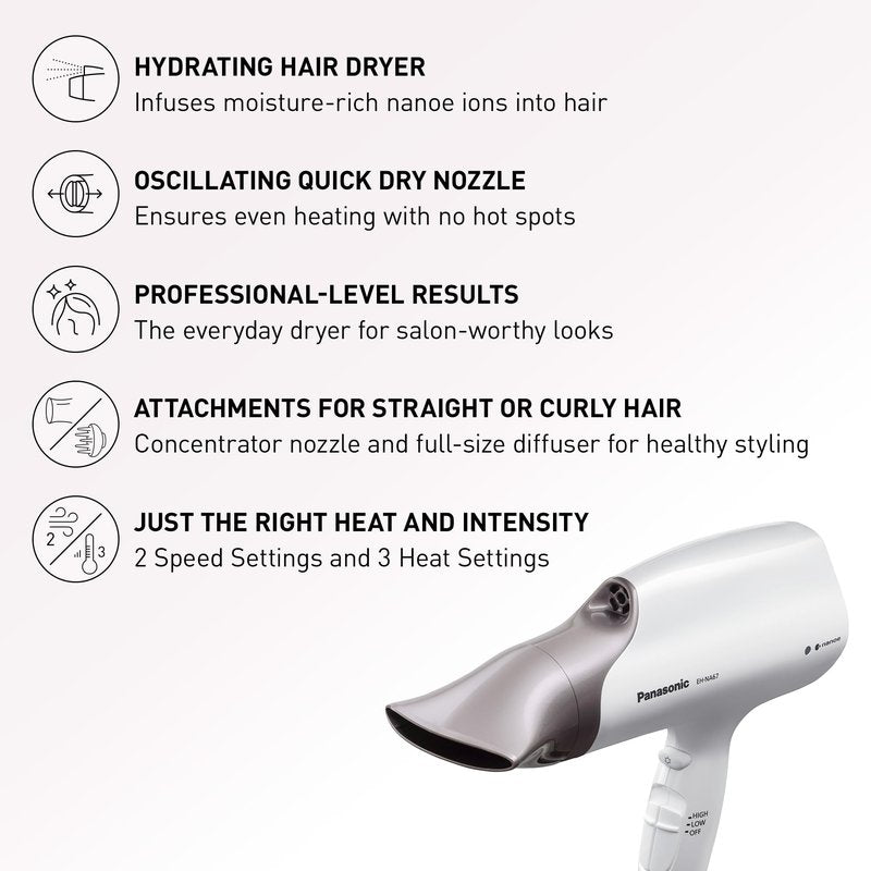 Panasonic Nanoe Salon Hair Dryer with Oscillating Quickdry Nozzle, Diffuser and Concentrator Attachments, 3 Speed Heat Settings for Easy Styling and Healthy Hair - EH-NA67-W (White) (Pack of 3)