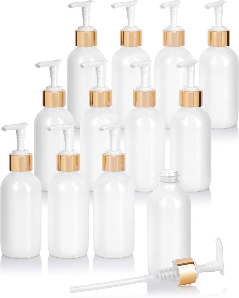 JUVITUS High Shine Gloss White Glass Boston Round Bottles - 4 oz with Gold Lotion Pump | 12 Pack