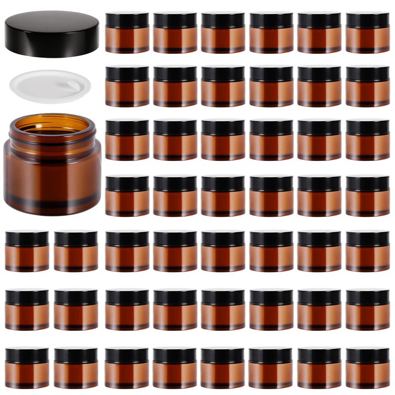 48 Pack 2oz Amber Glass Jars with Lids, Airtight Small Containers with Liners Lid for Cosmetics, Crams, Lotions Powder, Onitments Candle Making, DIY | Leak-Proof, Reusable