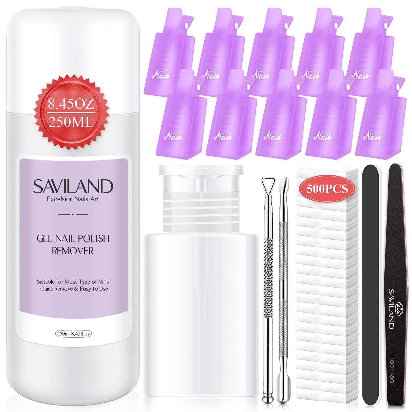 SAVILAND Gel Nail Polish Remover Kit: 250ml Nail Polish Remover with Nail Clips, Nail Tools, 500 Pcs Cotton Pad, Cuticle Pusher & Nail scraper for Gel Nails Dip Acrylic Removal Manicure Salon Home DIY
