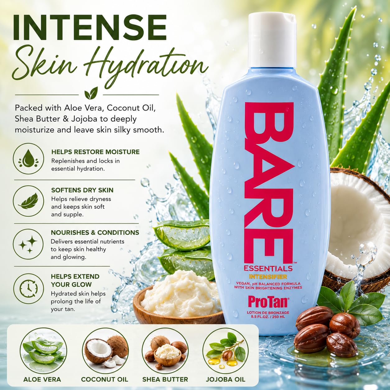 Pro Tan Bare Essentials Intensifier Tanning Lotion 8.5 fl oz – Vegan pH Balanced Formula with Aloe, Coconut Oil, Jojoba & Vitamins – Indoor Outdoor Tan Enhancer with Skin Brightening Enzymes