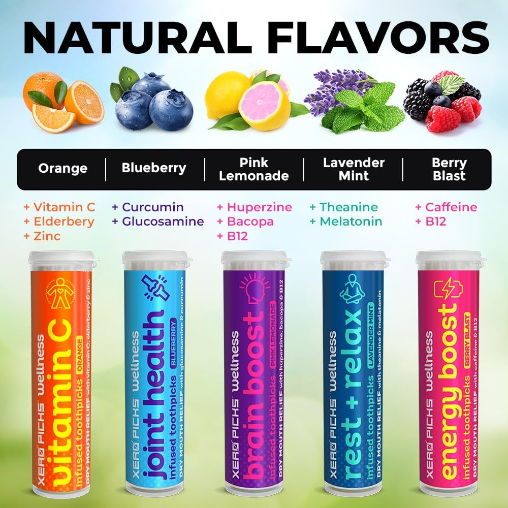 Xero Picks Wellness Toothpicks - Brain Boost & Immunity Support | 100 Sugar-Free Picks (5 Flavor Variety)