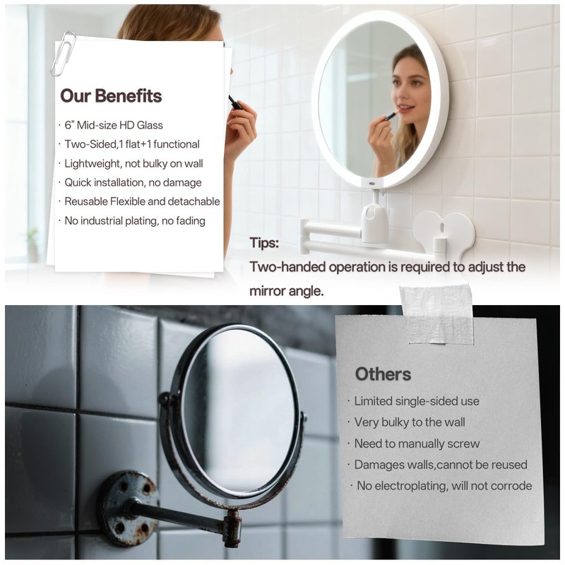 6" Led Wall Mounted Makeup Mirror Double Sided 1/20X, 1-Second Install Lightweight Compact Wall Mirror with Light, Rechargeable Extendable Magnifying Mirror for Bathroom, Wall Vanity Mirrors (1+20X)