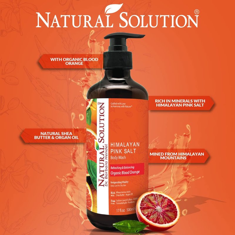 Natural Solution Body Wash - Revitalizing Organic Blood Orange & Himalayan Pink Salt | 17 fl oz, Pack of 4