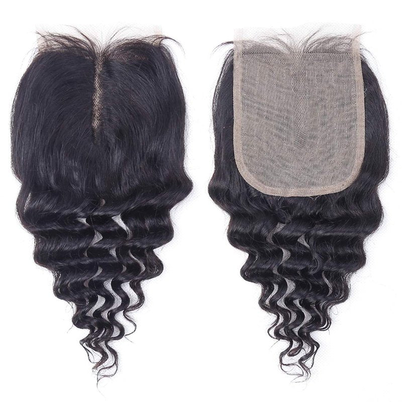 Deep Wave Bundles with Closure Brazilian Deep Curly Human Hair 3 Bundles with Closure(10 10 10+10) Middle Part 4x4 inch Lace Closure Wet and Wavy Natural Color 50g