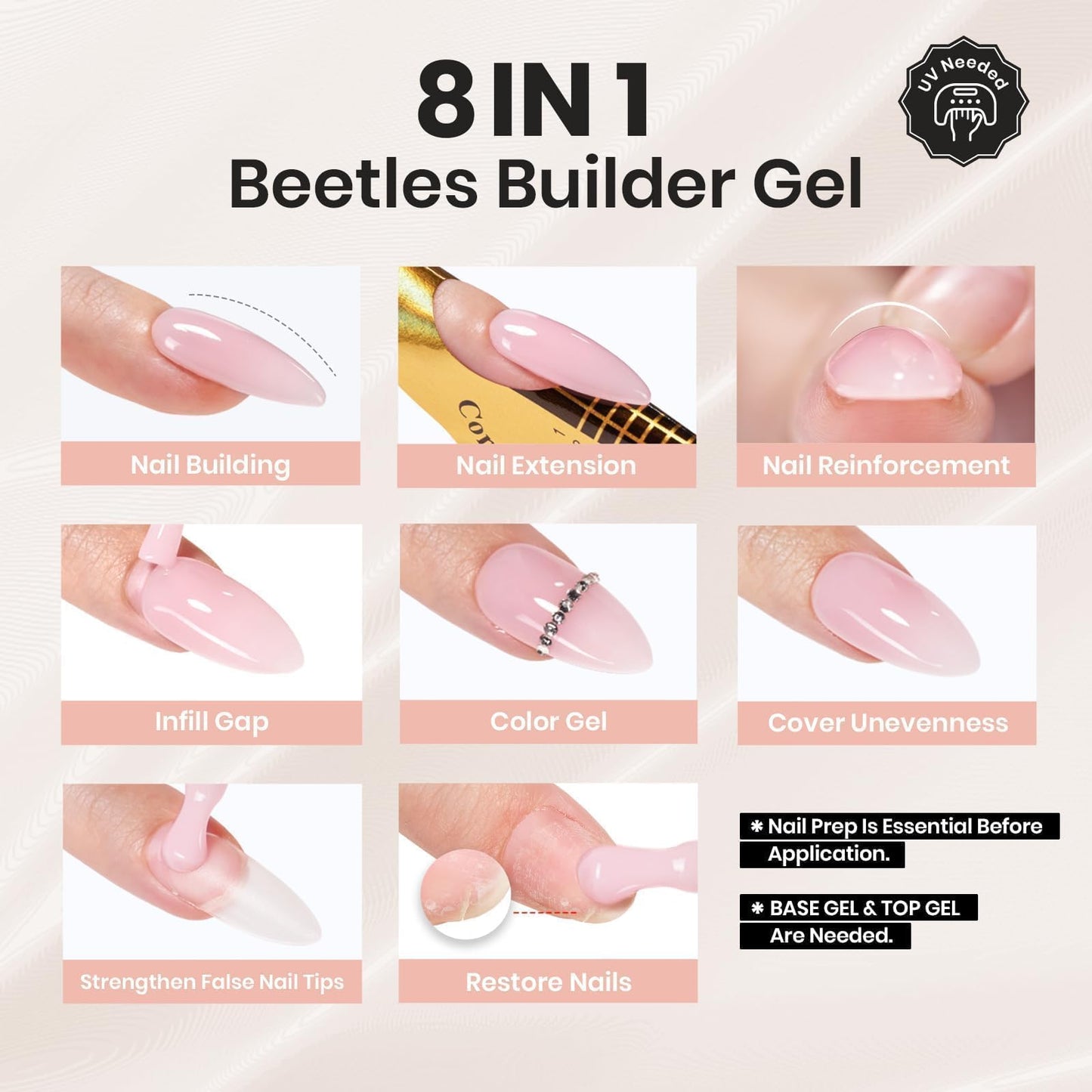 Beetles Builder Gel Set,Vitreous Radiance 3 Colors 8 in 1 Strengthening Instant Apex Building Nail Extension with Base&Top Coat for Beginners DIY Salon Silver Cat Eye Nail Polish,UV&LED Needed