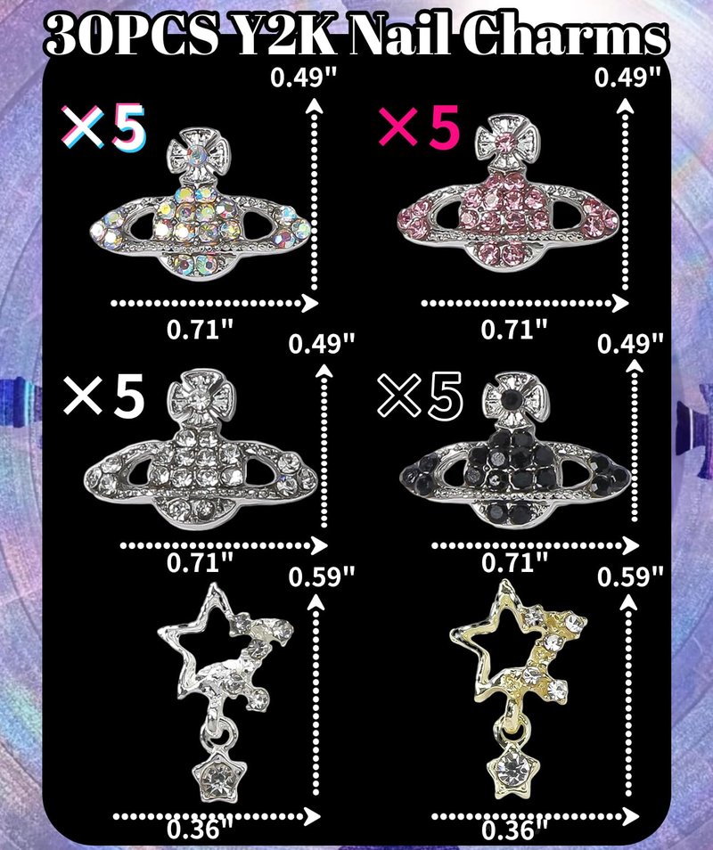 30PCS Planet Nail Charms 3D Star Gold and Silver Nail Charms for Acrylic Nails Y2K 3D Nail Rhinestones Gems Silver Nail Jewelry