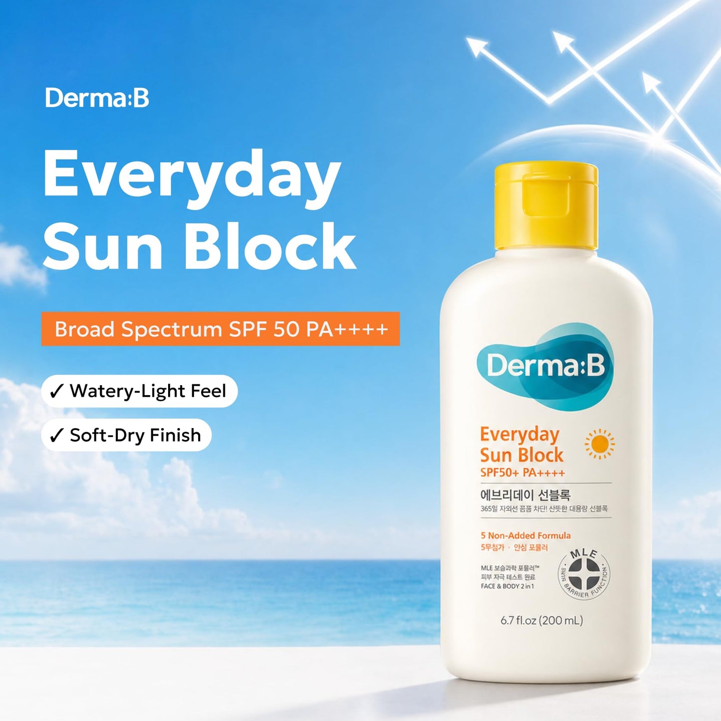 Derma B Everyday Sun Block Large Size Sunscreen SPF50+ PA++++ 6.71 Fl Oz, 200ml Fast-Absorbing Lightweight SPF Moisturizer, Facial Body Non-Sticky for Dewy Skin, Korean Protection Lotion