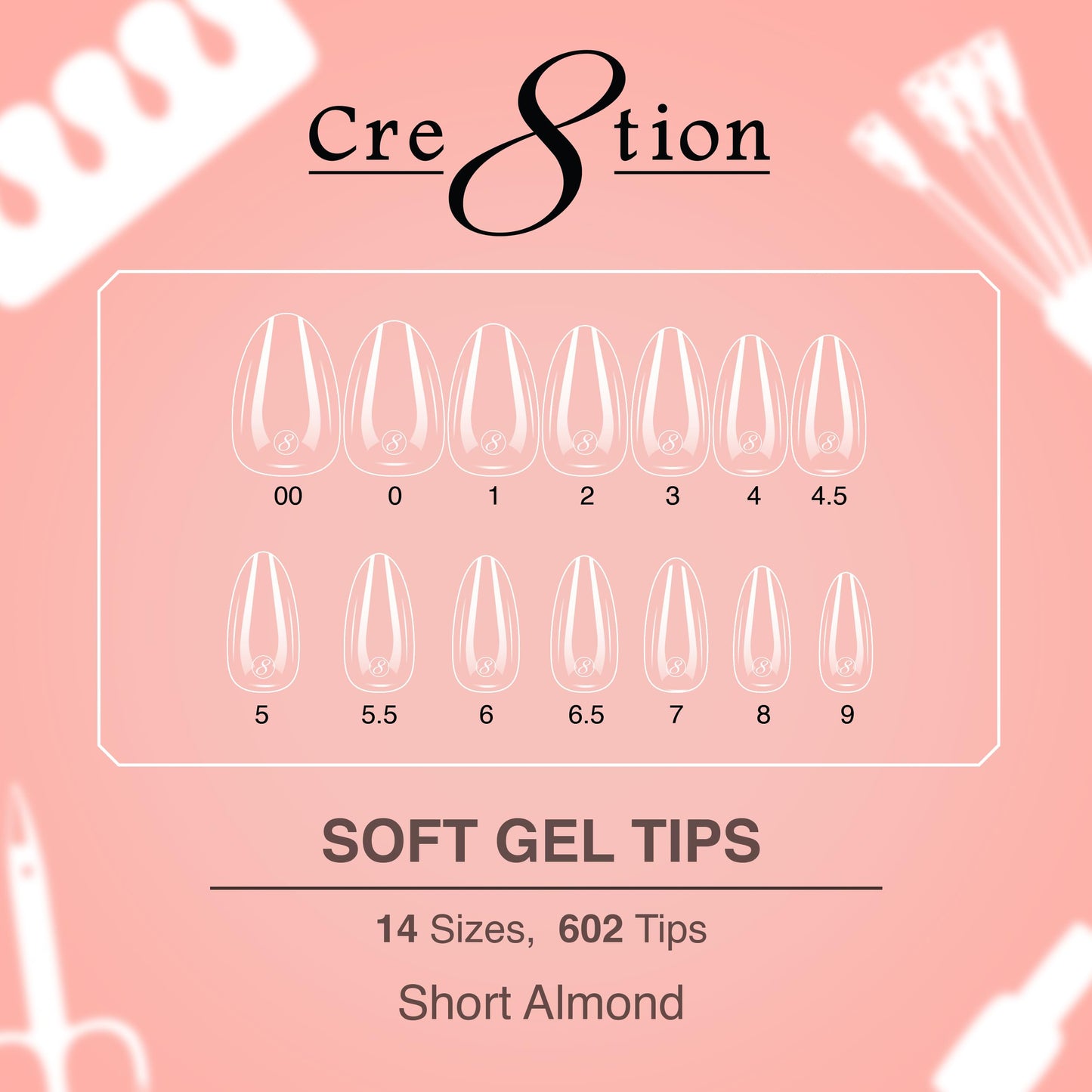 Cre8tion Soft Gel Nail Tips, Short Almond Shape, 602 Tips in 14 Sizes (00-9) for Professional Nail Extensions