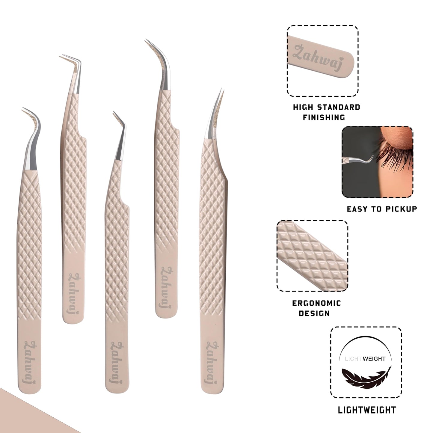ZAHWAJ Fiber Tip Lash Tweezers - Set of 5 Diamond Grip Eyelash Extension Tweezers, Japanese Stainless Steel Tweezers Set for Volume, Isolation & Classic Lashes (Beige)