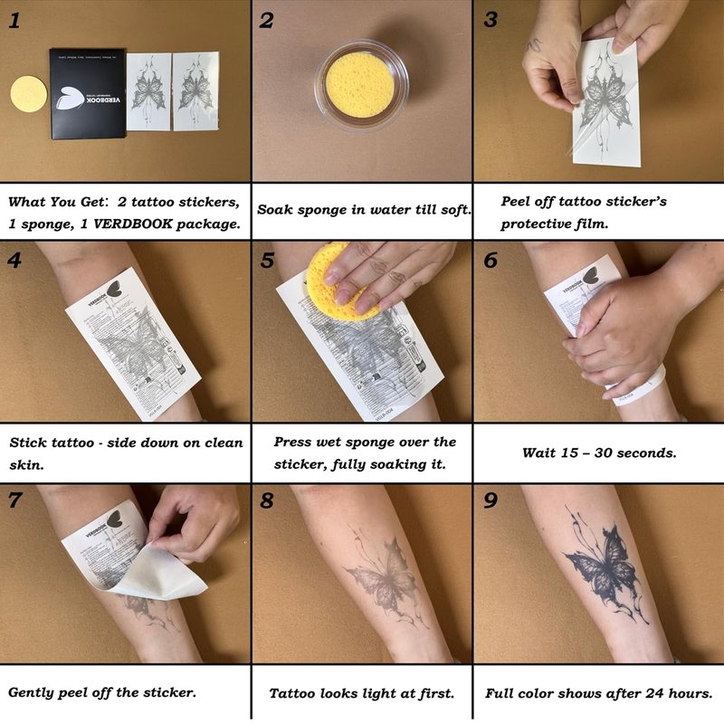 VERDBOOK Waterproof Temporary Tattoos: 2-Sheet Tattoo Kit with Realistic Body Stickers, Semi-Permanent Tattoos for Adults Lasting 7-15 Days – Safe for Men & Women, Butterfly & Heart Pattern