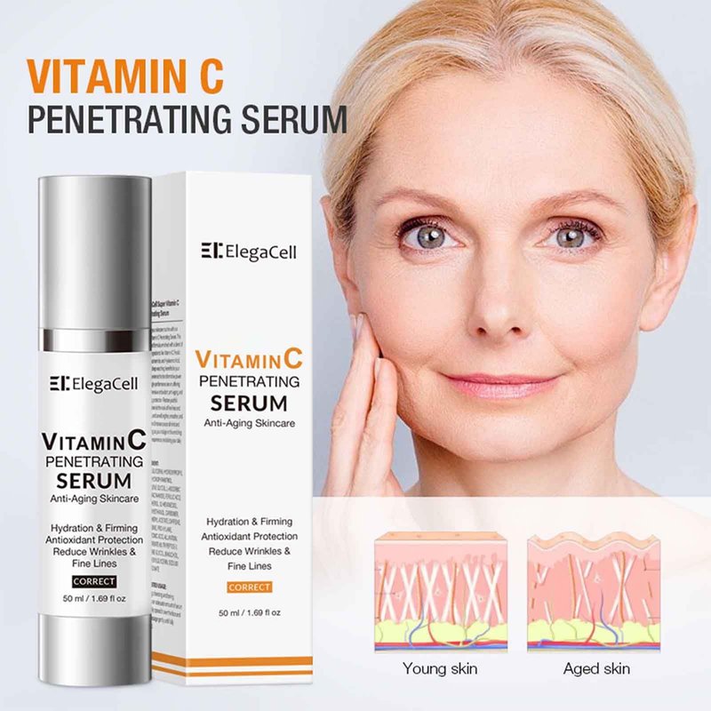ElegaCell Super Vitamin C Serum for Women Over 70 - All-in-One Hydrating Anti-Aging Formula by Vitamin C, Hyaluronic Acid, Caffeine-Firming, Hydrating,Lifting, Face Wrinkles 1.69 fl oz pack of 2