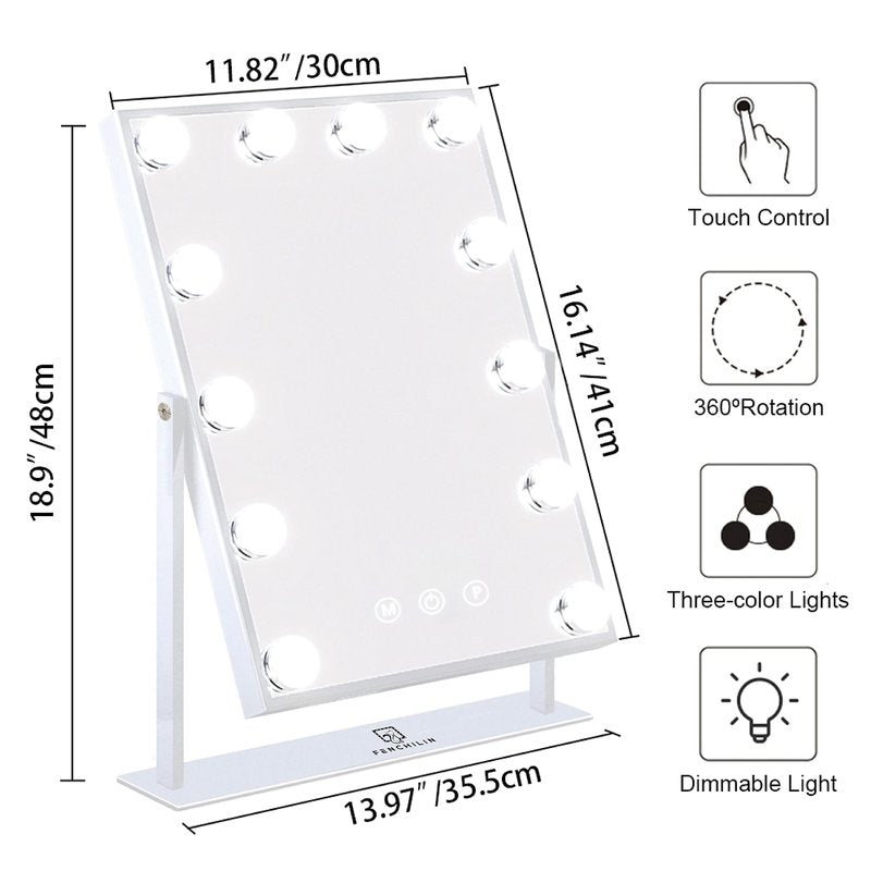 FENCHILIN Vanity Mirror with Lights, 19''x12'' Makeup Hollywood Mirror for Desk with 12 Bulbs Light Smart Touch Control 3 Colors Dimmable Detachable 10X Magnification Tabletop 360°Rotation