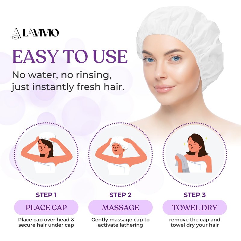 LAVIVIO No Rinse Shampoo Caps – Waterless Hair Washing Shower Caps for Bedridden Patients, Elderly, Hospital Use – Disposable Rinseless Conditioning Bathing Supplies with Aloe Vera, Vitamins - 12 Pack