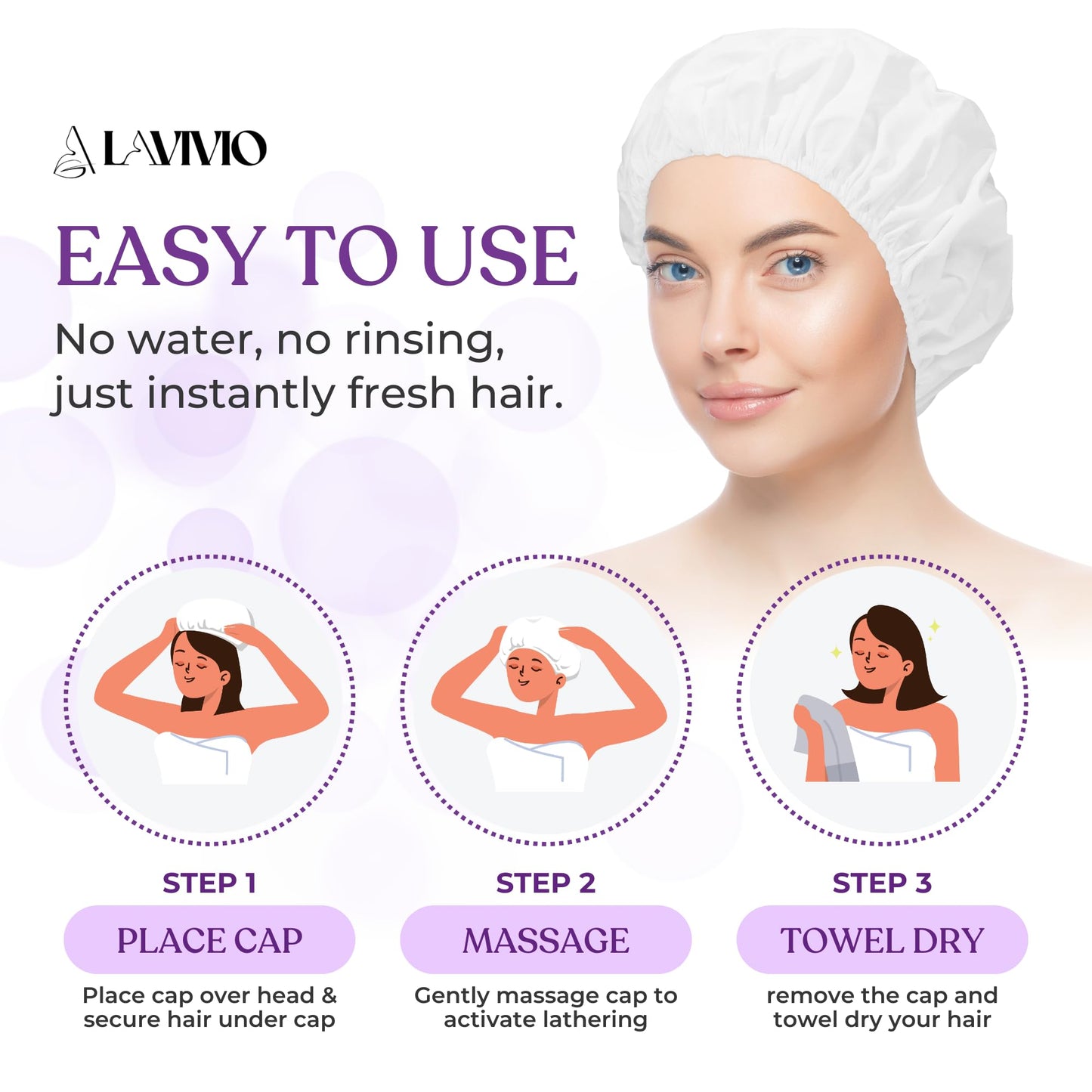 LAVIVIO No Rinse Shampoo Caps – Waterless Hair Washing Shower Caps for Bedridden Patients, Elderly & Hospital Use – Disposable Rinseless Conditioning Bathing Supplies with Aloe Vera, Vitamins - 6 Pack