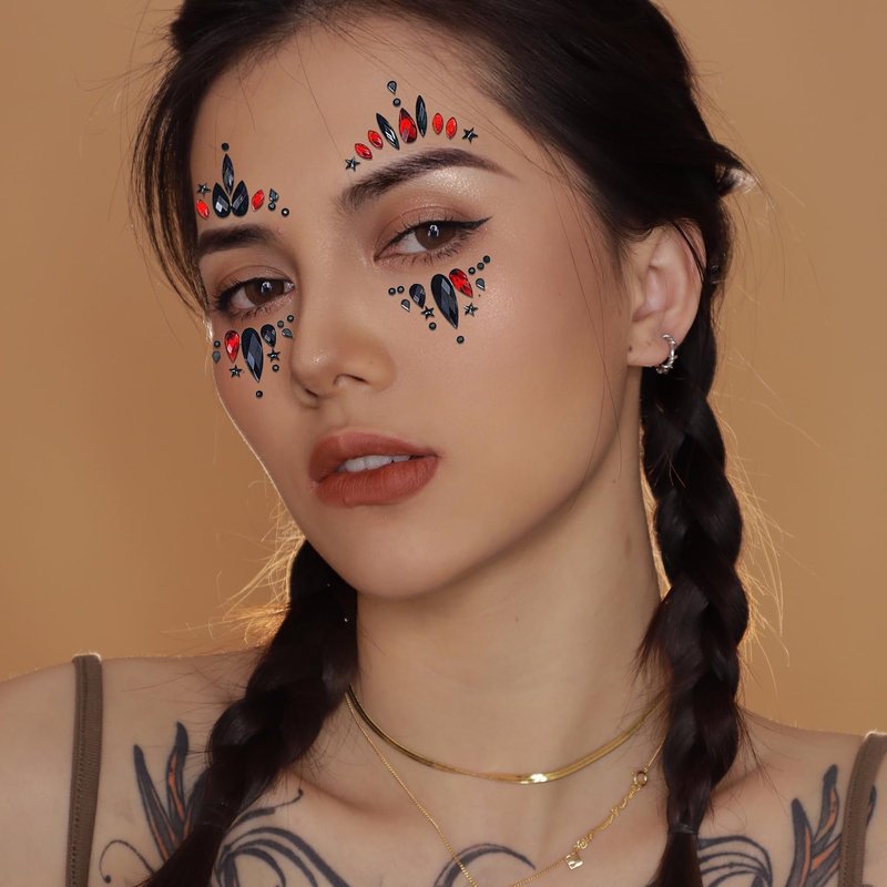 2 Packs Face Gems Jewels Black and Red for Halloween Festival Face Gems Tattoo Stickers Rhinestone Crystal Body Gems Stones for Women Party Costume Makeup