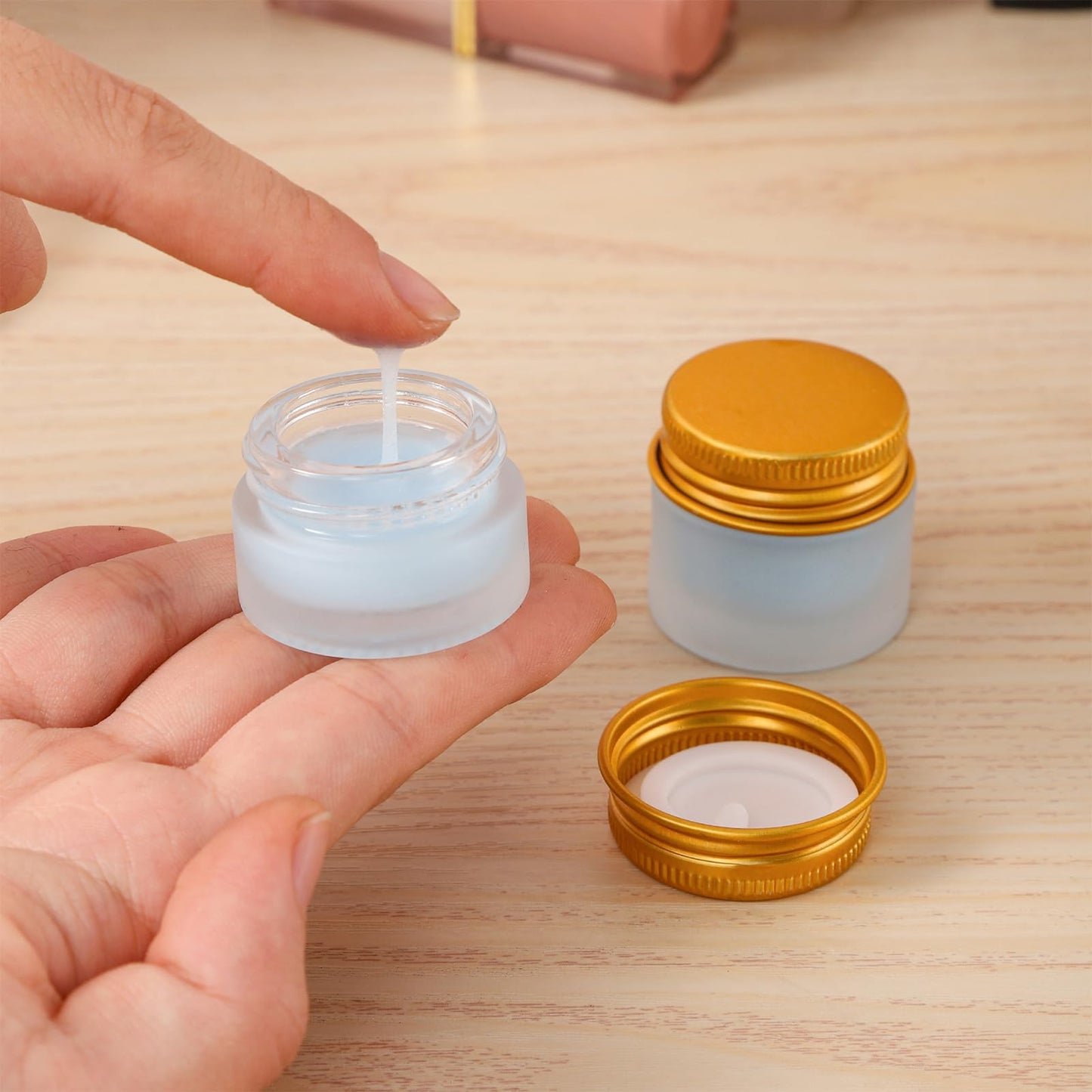 RAMFIYN 48 pack 10ml Frosted Glass Jars with Gold Lids Small Empty Travel Lotion Containers with Inner Liner Airtight Cosmetic Holder with Labels for Lip Balm Creams Body Butter