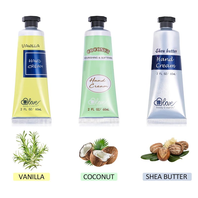 BODY & EARTH # LOVE Hand Cream Gift Set, Mothers Day Gifts for Mom, Mini Moisturizing Hand Lotion with Vitamin E for Dry Hands Cream Travel Size, Nurse Week Gifts, 3 x 2 OZ
