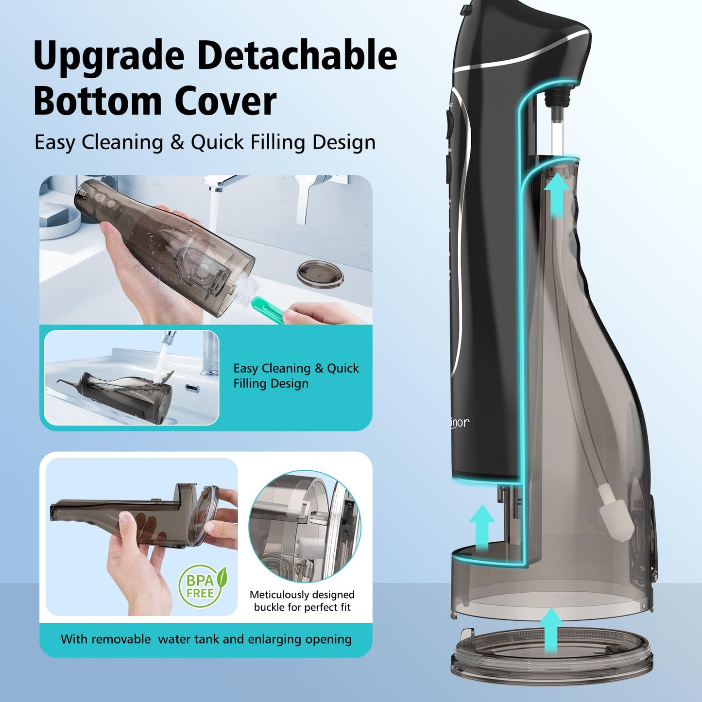 Leominor Water Flosser Pick for Teeth, 300ML Portable Oral Irrigator Upgraded Tank Removable,IPX7 Waterproof, Rechargeable Travel Teeth Cleaner, Professional Electric Flossing Machine (Black)