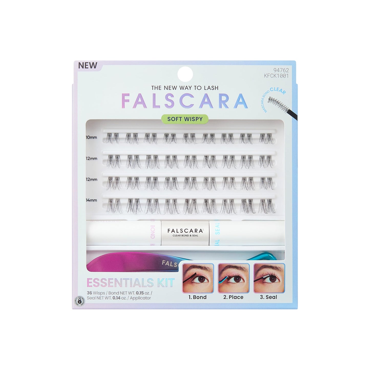 Falscara Soft Wispy Lash Clusters Kit, 36 Clear Band At-Home Lash Extensions with Bond, Seal & Applicator, 10mm - 14mm Lightweight Microband Wisps, Reusable Underlash Clusters, Up to 14 Days Wear