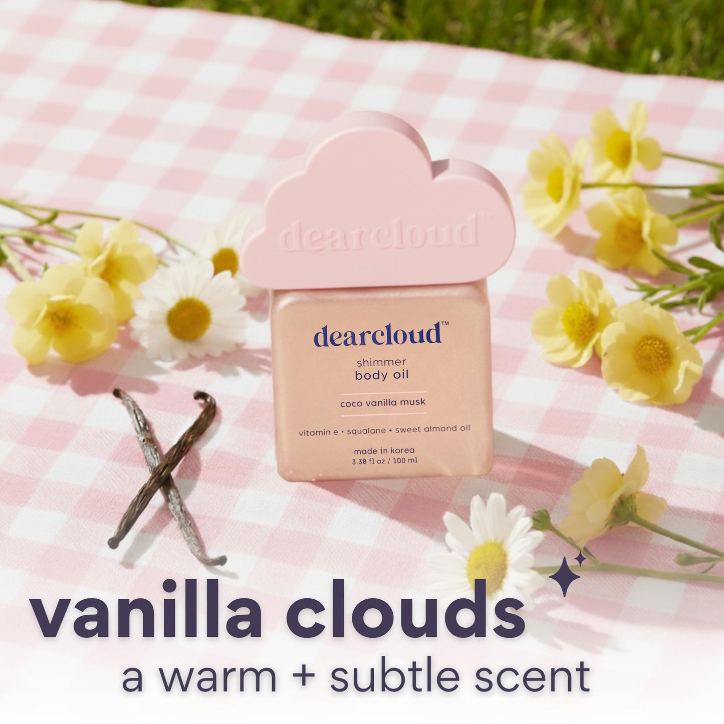 dearcloud Shimmer Body Oil - Coco Vanilla Musk - Hydrating & Nourishing Body Oil (3.38 fl oz)