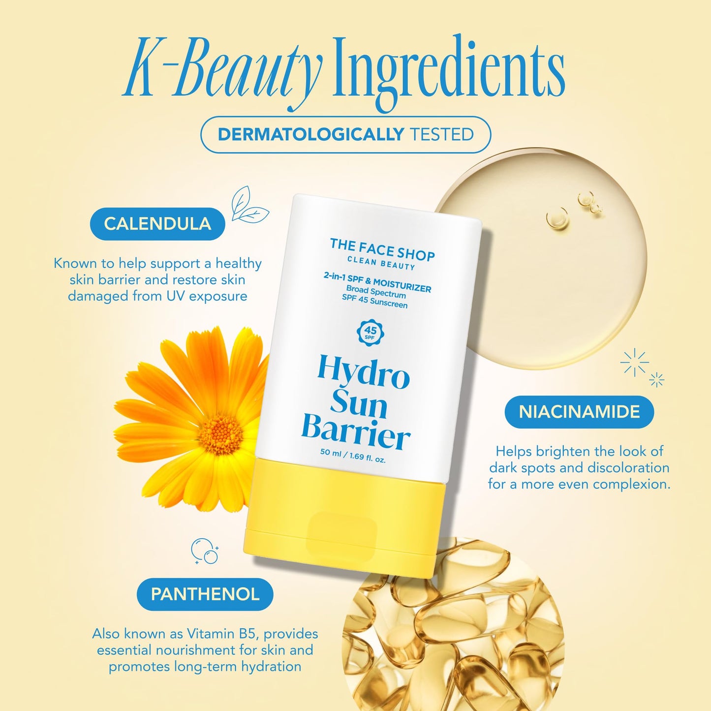 THE FACE SHOP Hydro Sun Barrier, SPF 45 Daily Facial Sunscreen & Moisturizer, for Oily Skin, Formulated with Calendula & Niacinamide, No White Cast, 1.69 Fl. Oz.