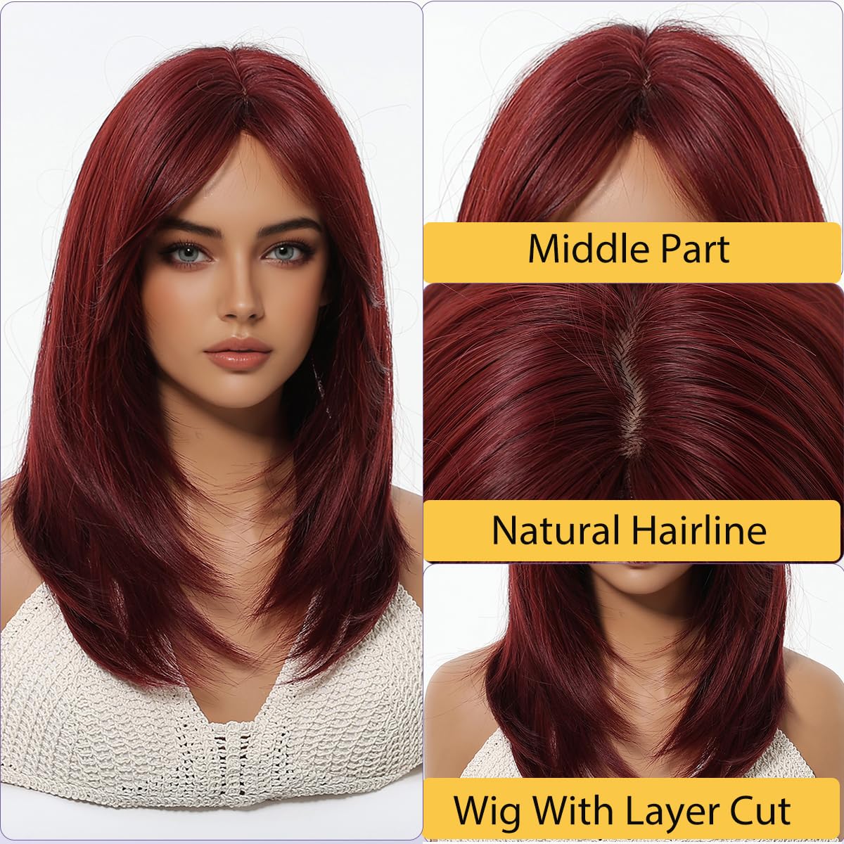 MS.FEEL Black Mixed Brown Wigs For Women Medium Length Layered Straight Wig Middle Part Glueless Synthetic Wigs for Daily Party Use 16 Inch