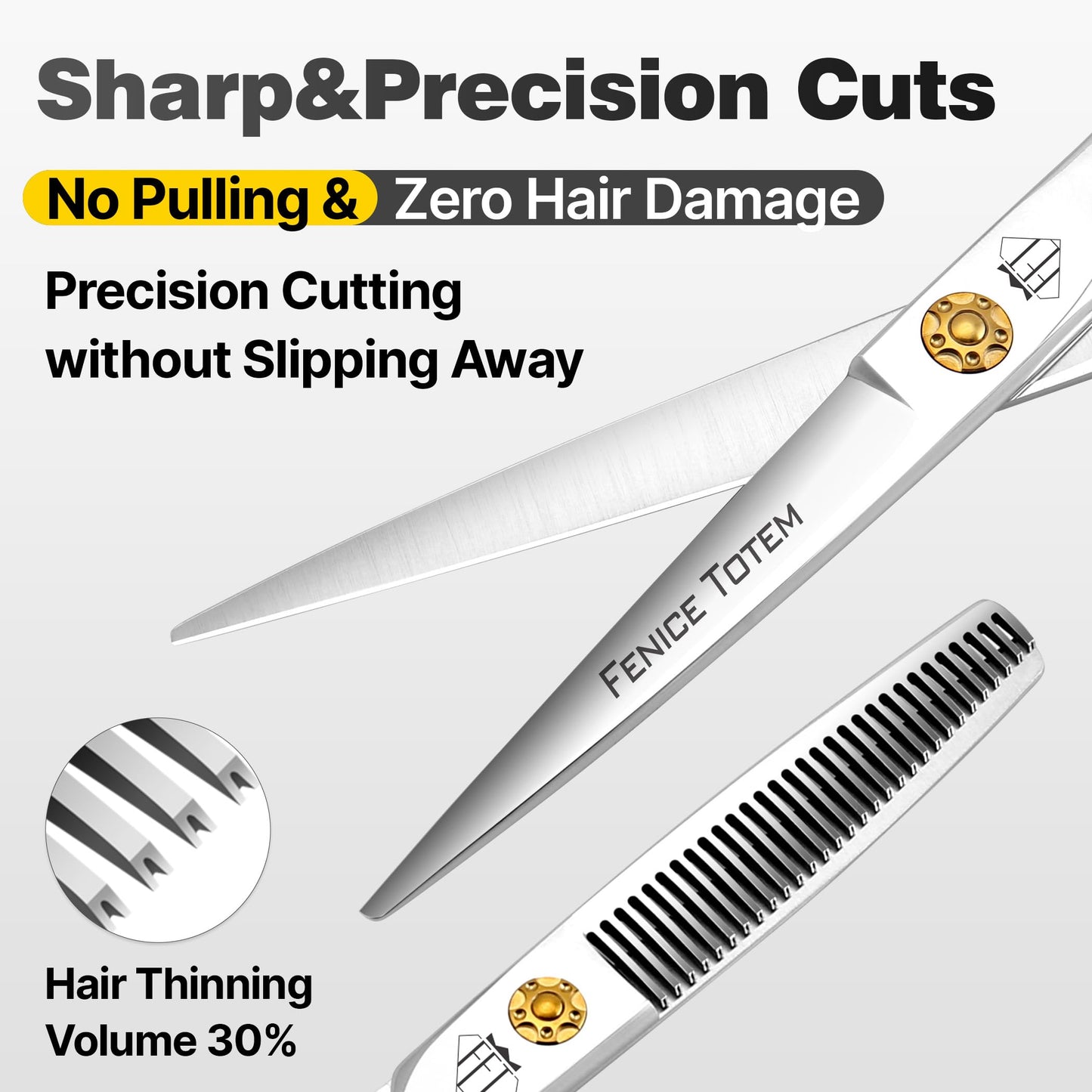 Fenice Totem Professional Hair Scissors, Sharp Precision Cutting, No-Pull Design, Zero Damage (Straight, 6.0")