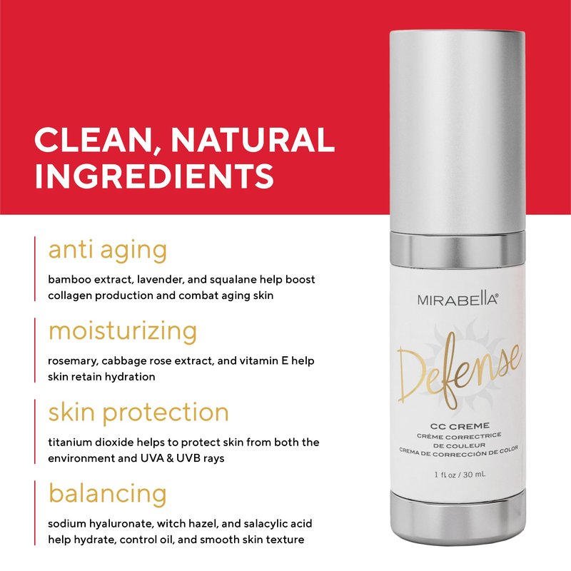 Mirabella Defense CC Creme Full Coverage Foundation with SPF 20, CC Cream Foundation with Sunscreen & Hyaluronic Acid, Oil Control with Salicylic Acid - Light