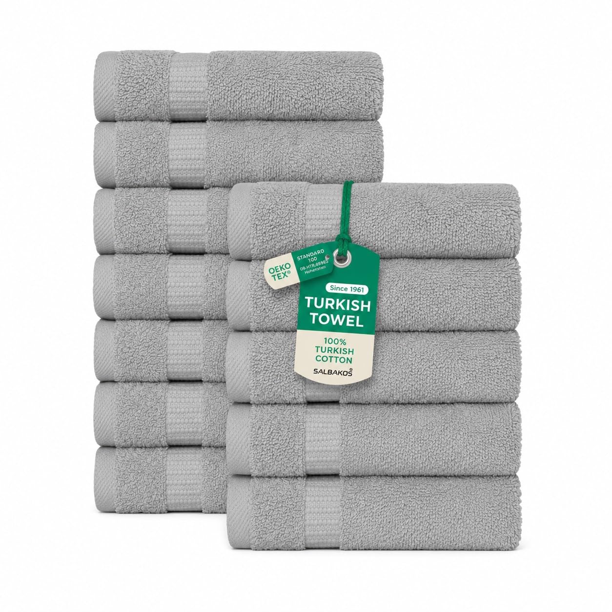 SALBAKOS 100% Turkish Cotton Washcloth Set of 12, 13x13 inch | Premium Quality | Hotel & Spa Collection | Ultra Soft, Super Absorbent, Wash Cloth Towels | Made in Turkey (Silver 12 Pcs Washcloth)