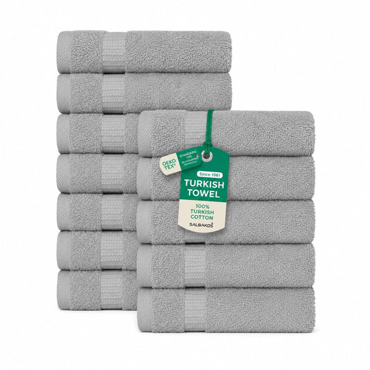 SALBAKOS 100% Turkish Cotton Washcloth Set of 12, 13x13 inch | Premium Quality | Hotel & Spa Collection | Ultra Soft, Super Absorbent, Wash Cloth Towels | Made in Turkey (Silver 12 Pcs Washcloth)