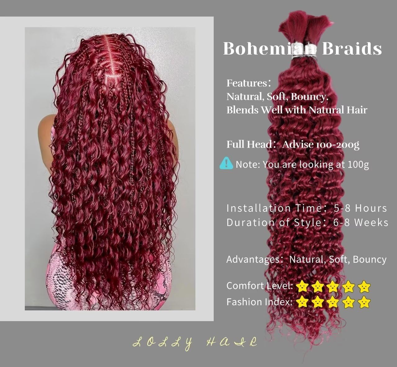 Xddnamei Curly Burgundy Human Braiding Hair 2 Bundles Total 100g 22 Inch 99J Burgundy Braiding Human Hair Brazilian Virgin Hair Bundles for Boho Braids