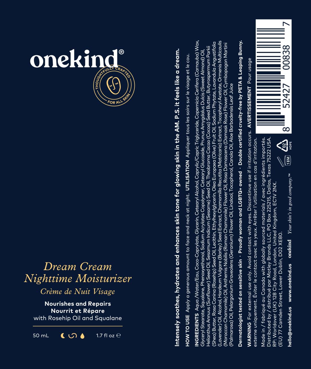 Onekind Night Moisturizer - Hydrating Dream Cream for Wrinkles & Anti-Aging | 1.7 oz, Squalane & Rosehip