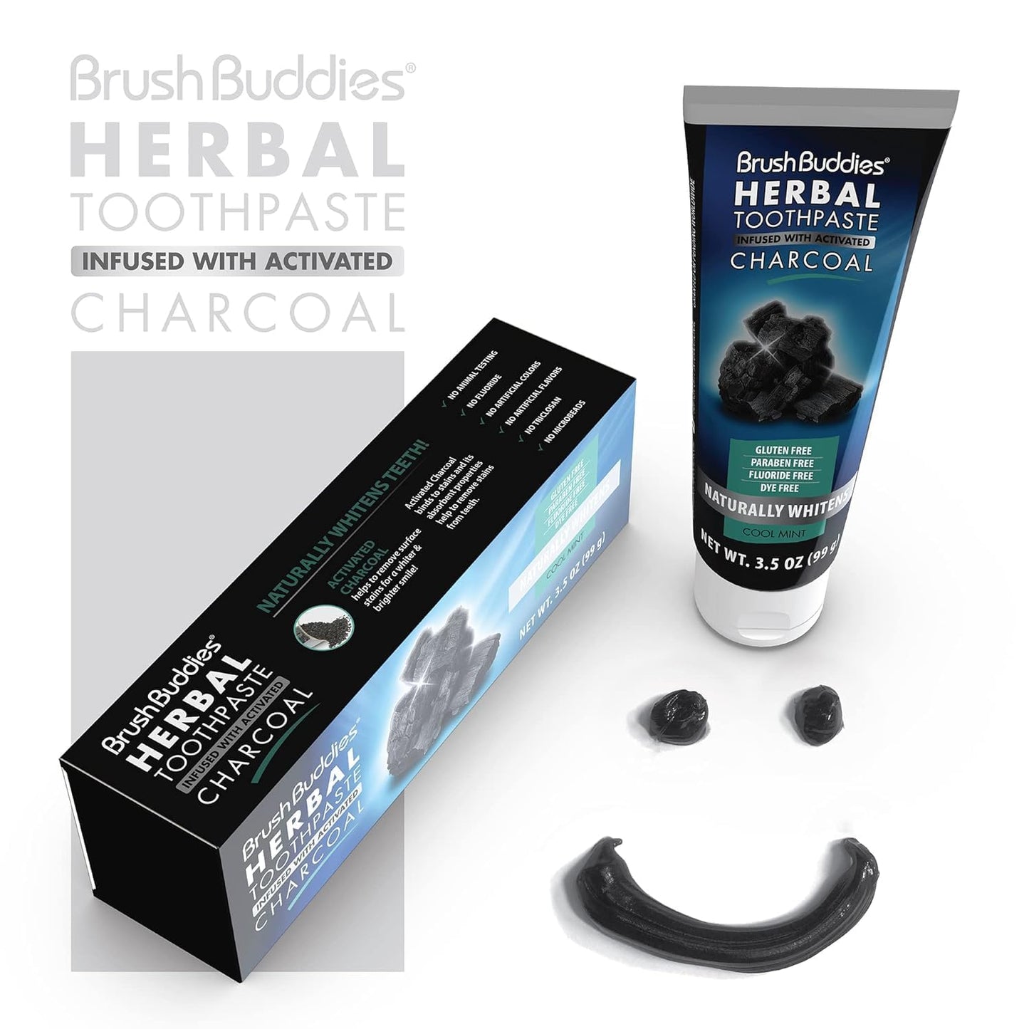 Brush Buddies Charcoal Toothpaste 6 Pack 3.5 oz Activated Charcoal Whitening Toothpaste Fluoride Free Cool Mint Herbal for Sensitive Teeth Bad Breath and Stains
