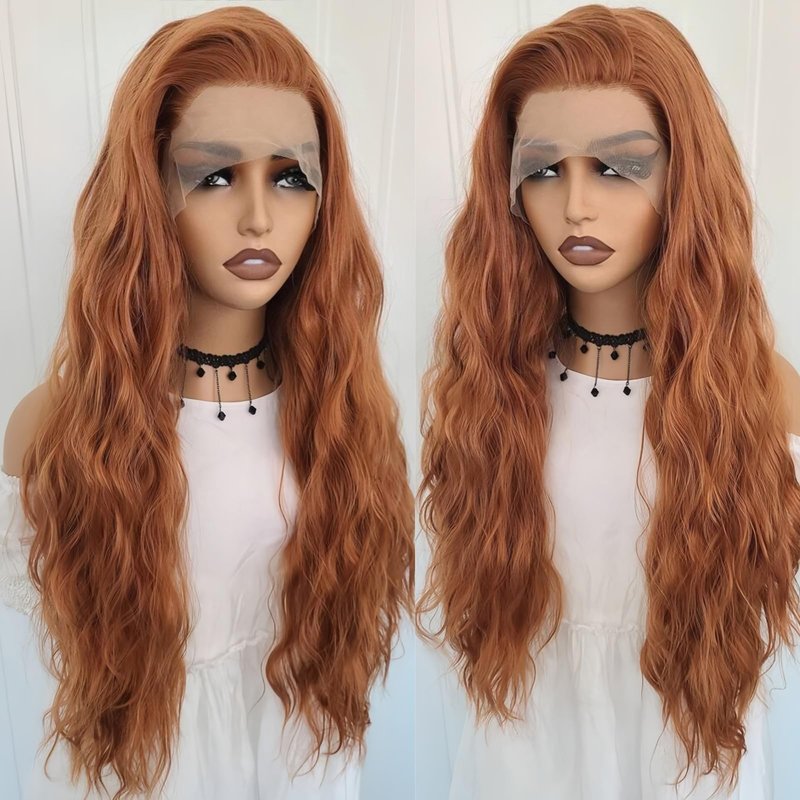 RONGUDOYI Ginger Curly Wig Long Wavy Synthetic Lace Front Wig Glueless Orange Curly Natural Hair Water Wave Lace Front Wigs Burnt Orange Wigs for Women