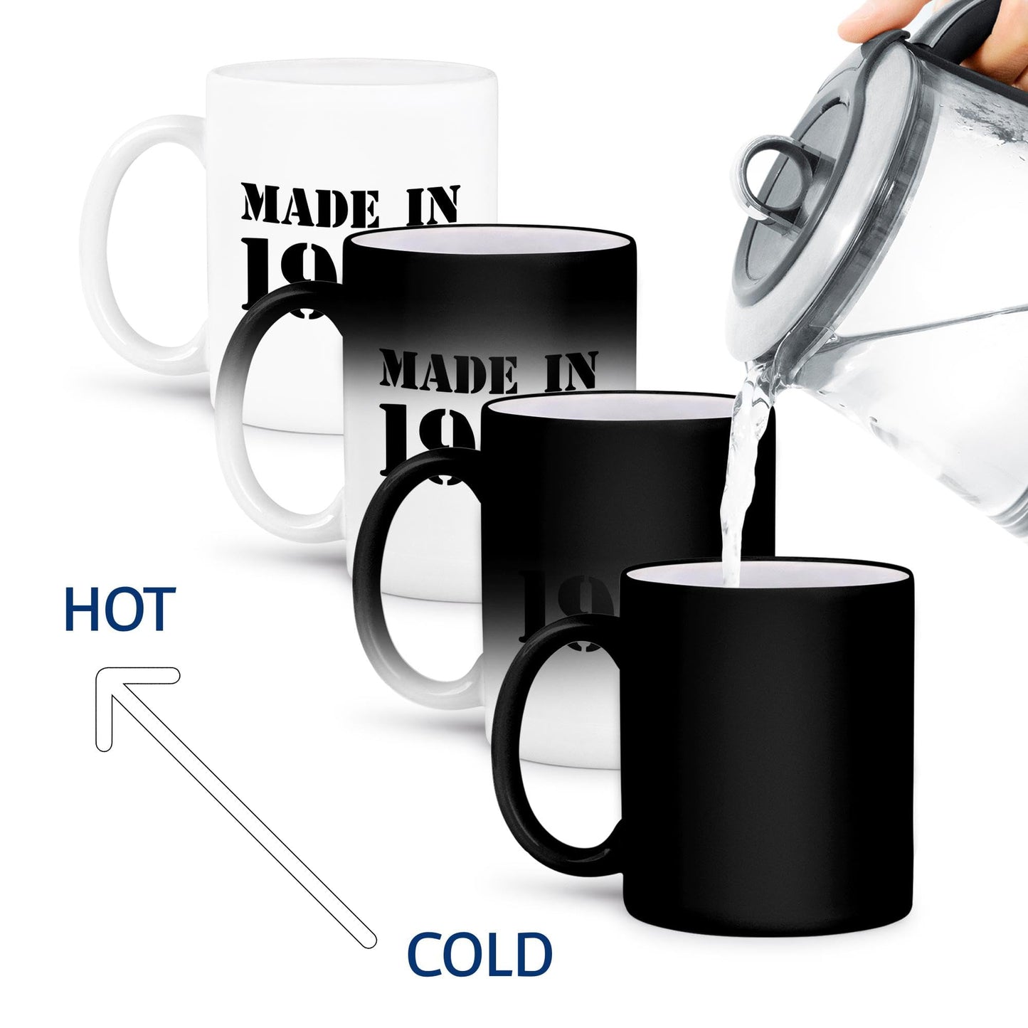 3dRose Mug Made in 1964 - funny birthday birth year text - fun black bday stamp with year you were born - humor - 11oz - Transforming, Black/White