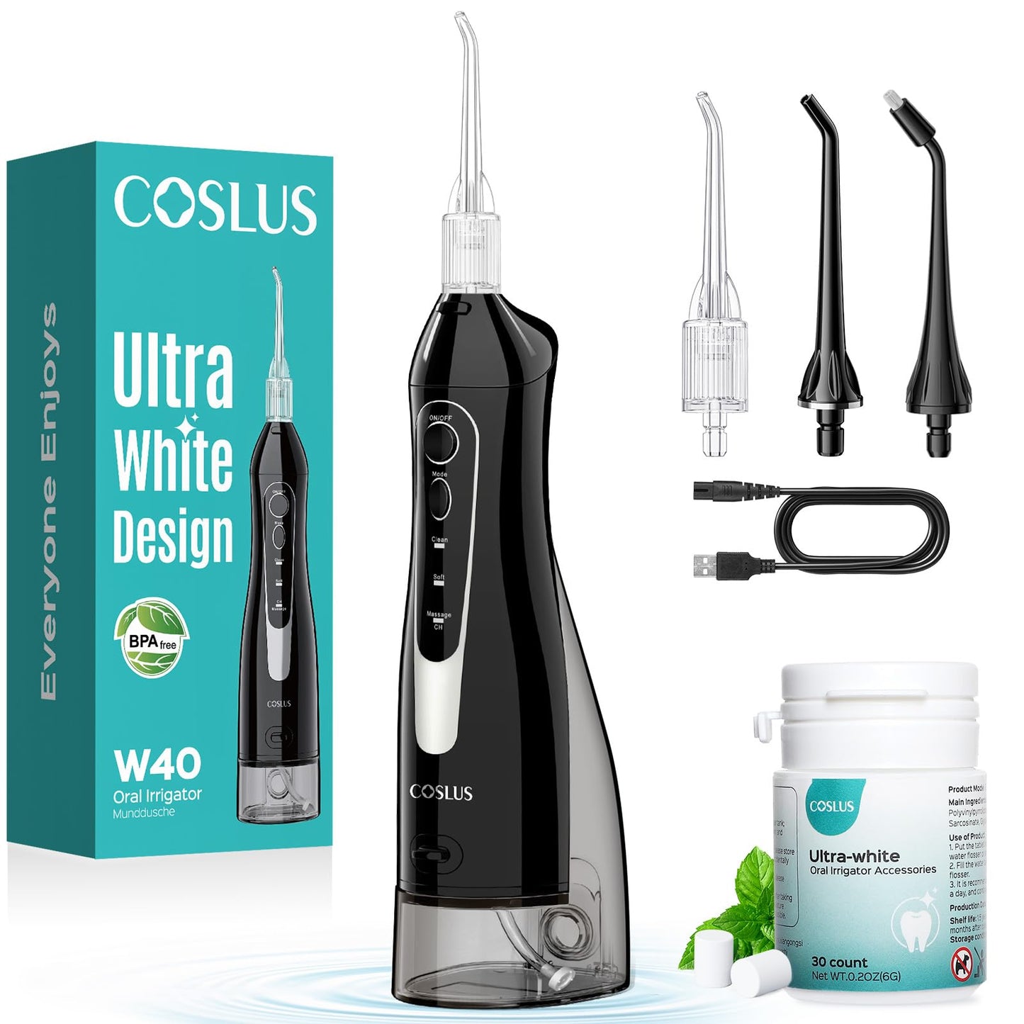 COSLUS Water Flosser Pick with Whitening Mint Flavor Refill Combo for Teeth, Braces, Gums Care - Easy to Use, Portable for Coffee Lovers & Travel, Rechargeable, BPA-Free, Black