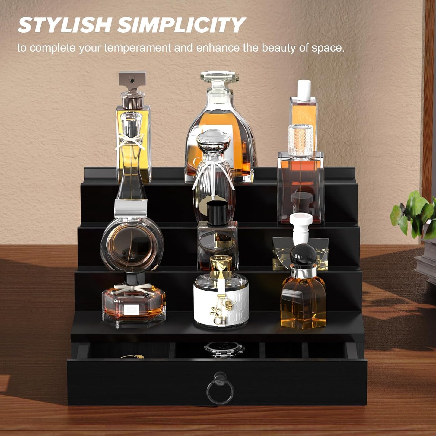 Cologne Organizer for Men - 4-Tier Black Wood Perfume Holder with Felt Lining & Hidden Compartment | Perfect Gift Idea