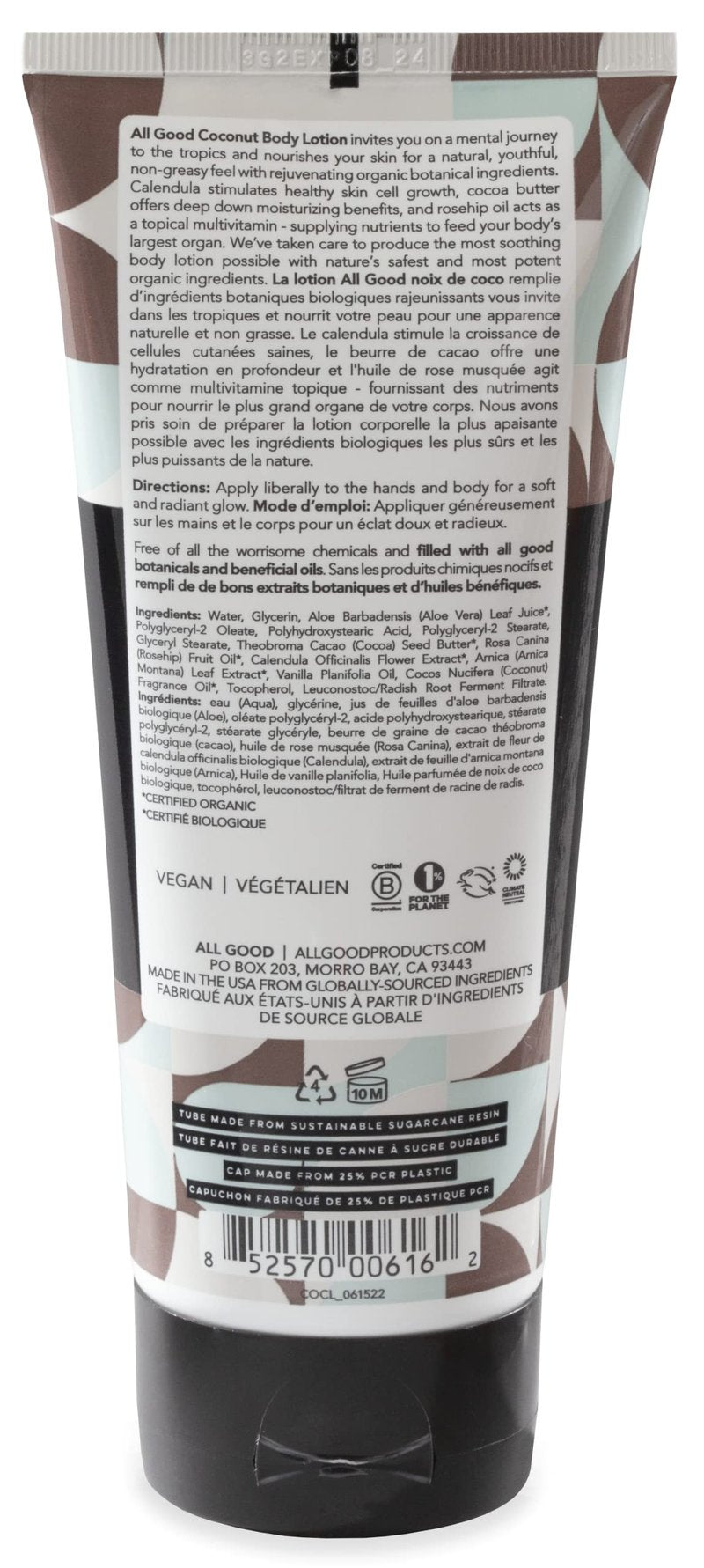 All Good Hand & Body Lotion w/Essential Oils - Moisturizing Organic Lotion w/Calendula, Cocoa Butter, Coconut & Rose Hip Oil - Non GMO - Vegan - 6 oz (Coconut)