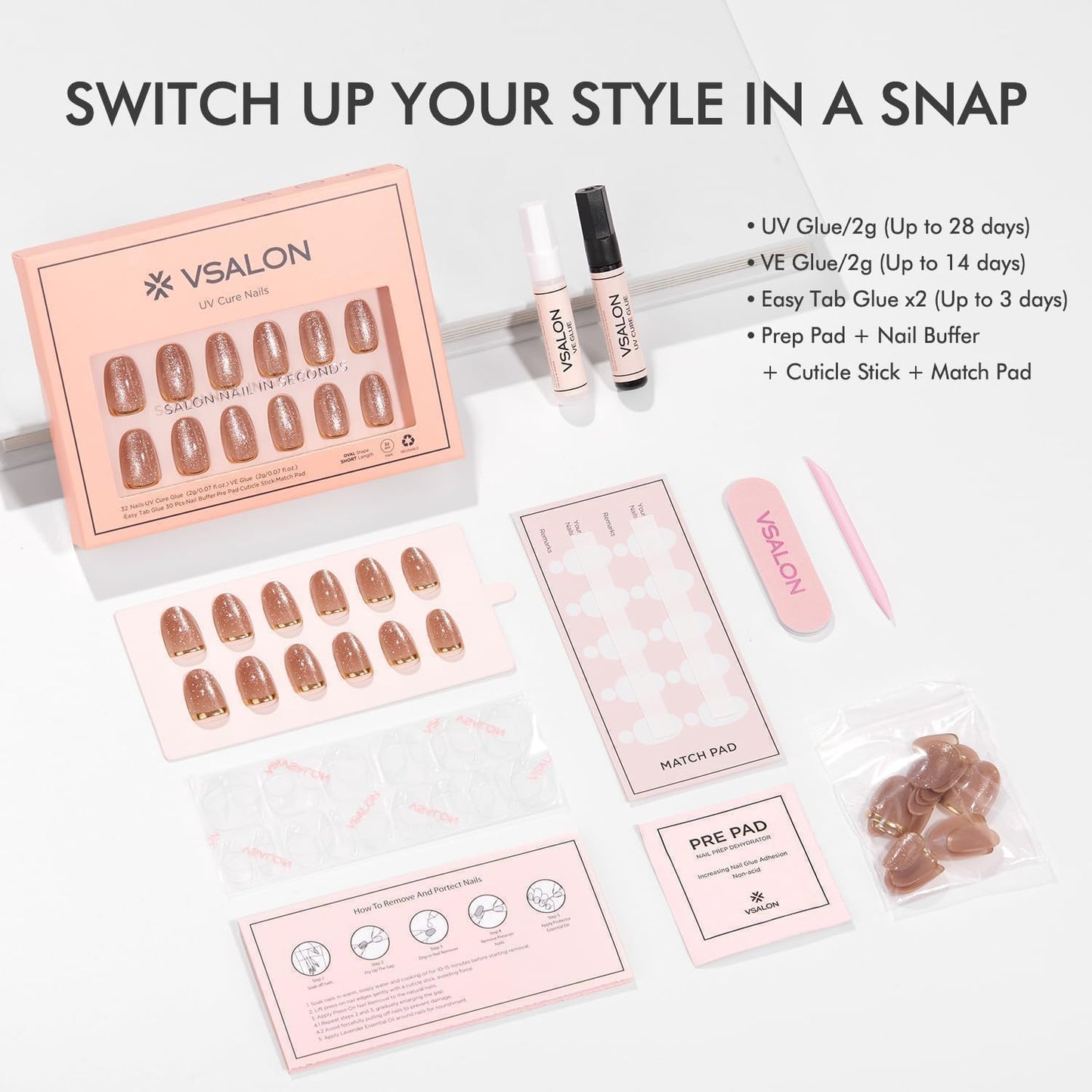 VSALON Oval Short Press On Nails, Gold Foil Finish Cat Eye French Tip