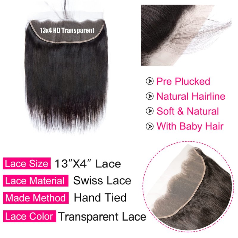 Lemoda 13x4 Frontal Straight HD Transparent Lace Frontals Brazilian Virgin Human Hair Lace Frontal Closure Natural Black 16 Inch